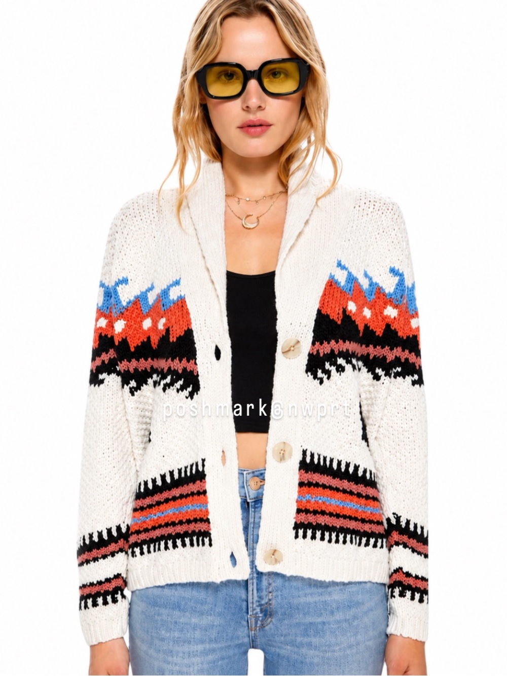 MOTHER De Gaulle Shawl Collar Cotton Knit Cardigan Sweater XS Cream White Aztec